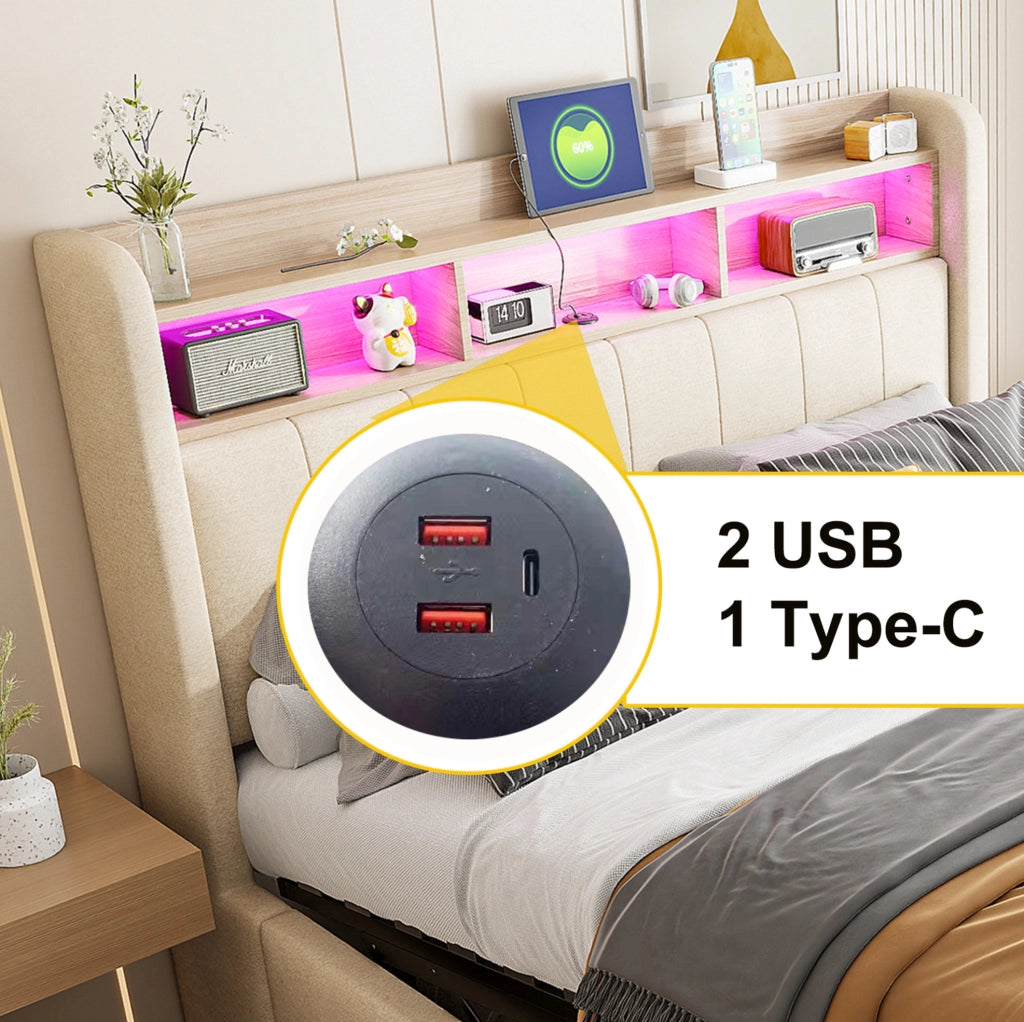 Letto imbottito 140x200 cm beige con LED, USB e vano contenitore