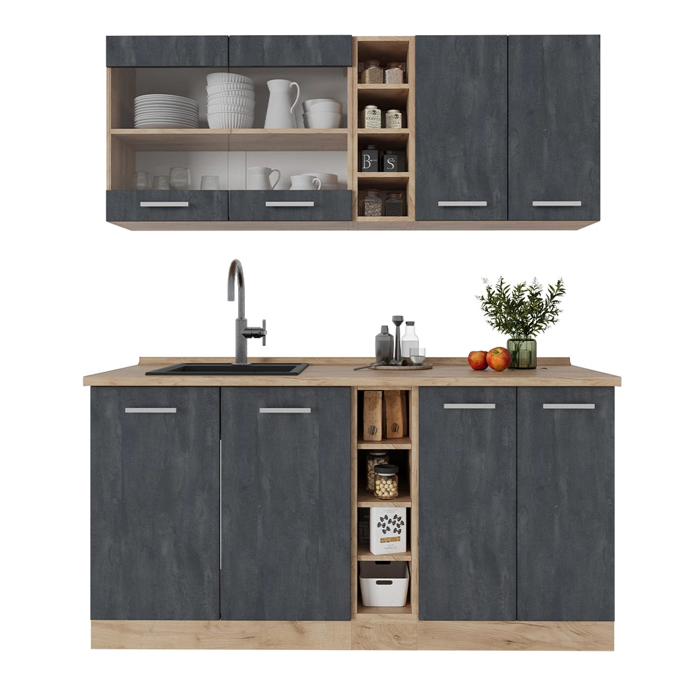 Vicco Cucina completa Calcestruzzo nero/quercia dorata 160 cm senza piano di lavoro