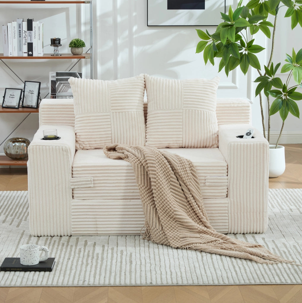 DIVANO Pouf in Velluto a Coste Beige 151x133x64 cm con 2 Cuscini