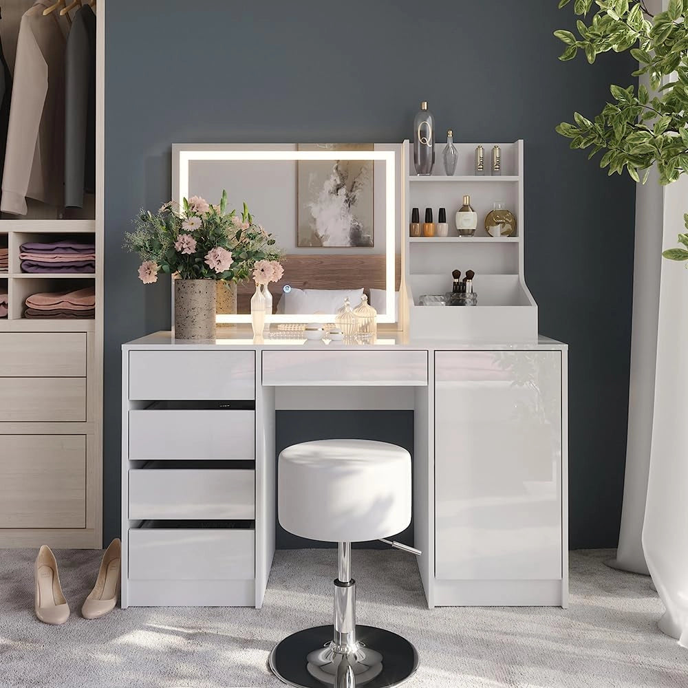Tavolo da toeletta Sherry, Bianco/bianco lucido, 128.2 cm 4 parti
