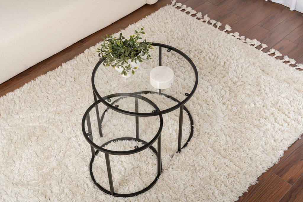 Set di 2 tavolini in metallo "Aurum" - 60 x 60 x 43 cm - Nero trasparente