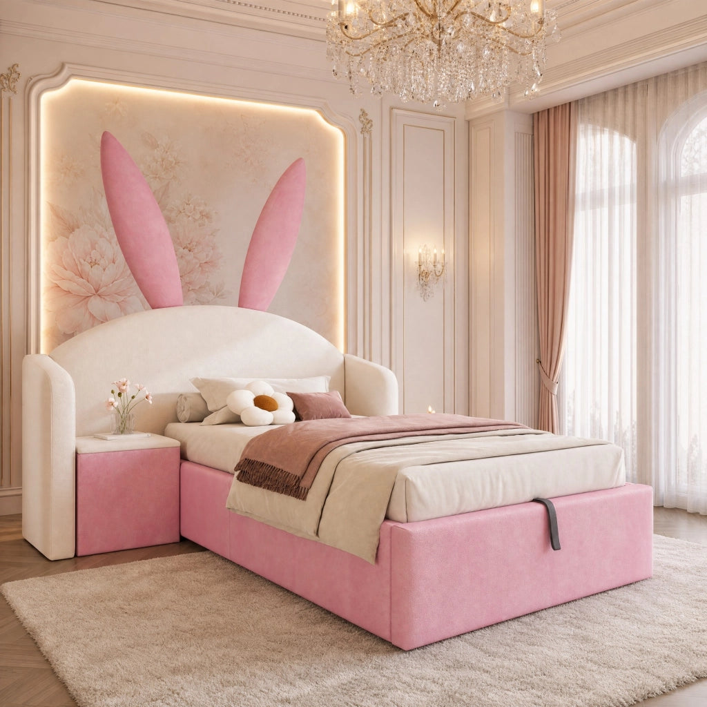 Letto Contenitore per Bambini 90 x 200 cm con Comodino e Orecchie - Beige e Rosa