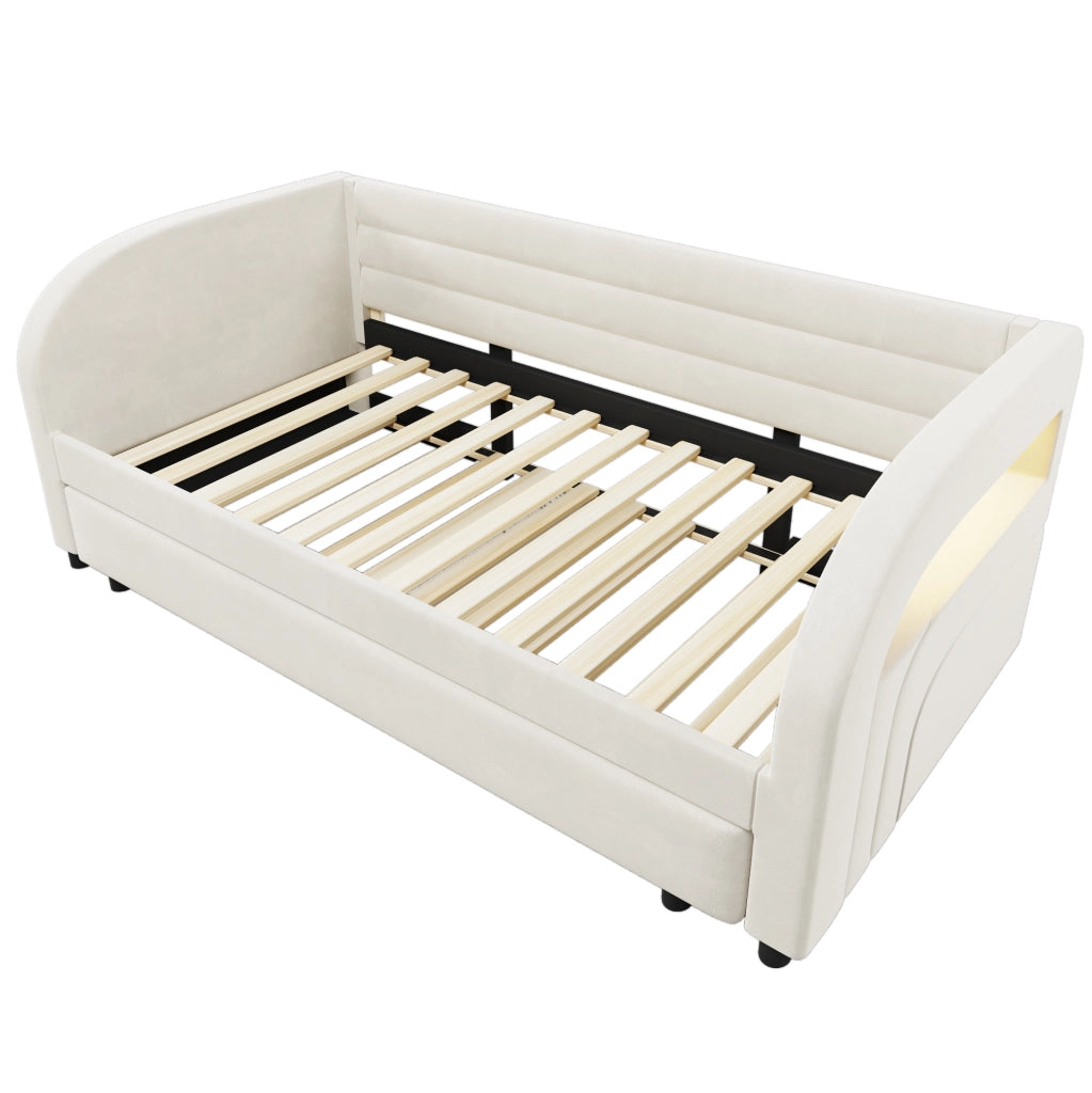 Letto 90x200 cm con letto estraibile e LED in flanella beige