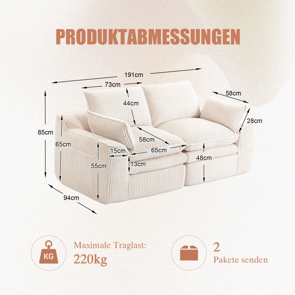 Divano lineare 2 posti - con tasche laterali e cuscini - in corduroy beige - 191×94×85 cm