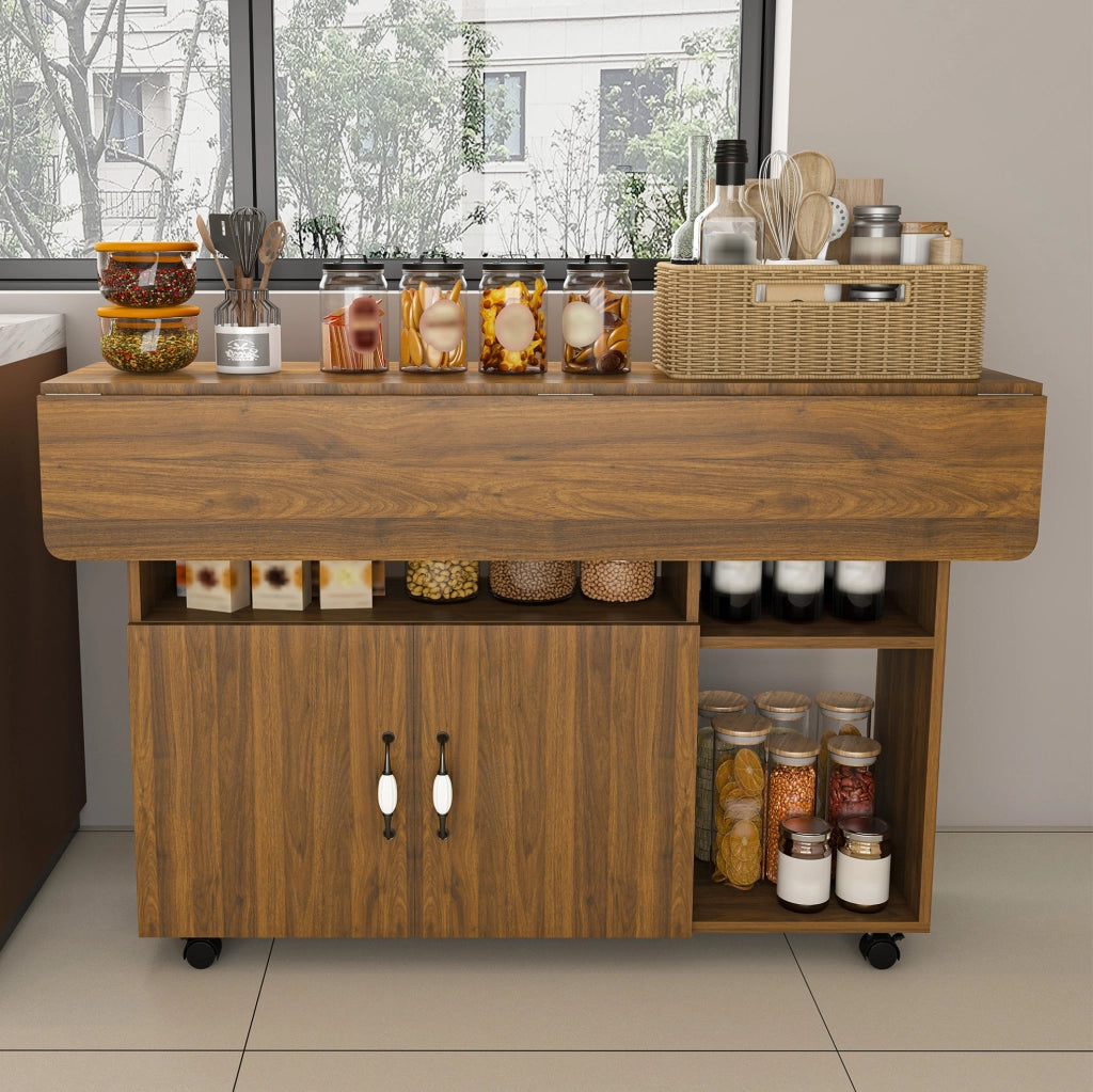 Tavolo pieghevole multifunzione 110x70 cm in MDF effetto noce; con ruote e vani contenitori