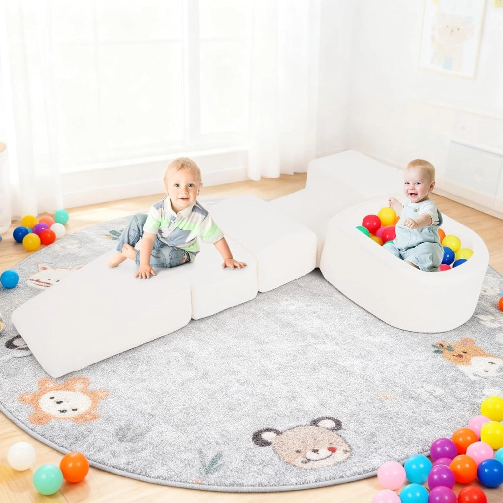 Blocchi da Arrampicata in Schiuma per Bambini, con Piscina di Palline, Set di 5 Pezzi per Arrampicata e Strisciamento, Set da Gioco da Interno per Bambini 3 Anni+ (Beige,Sherpa)