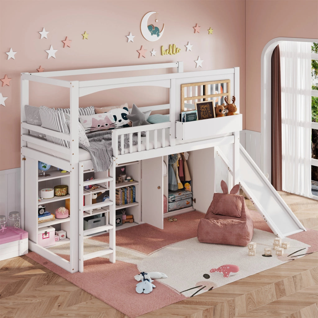 Letto a castello con scivolo e armadio in legno massello e MDF 90x200 cm