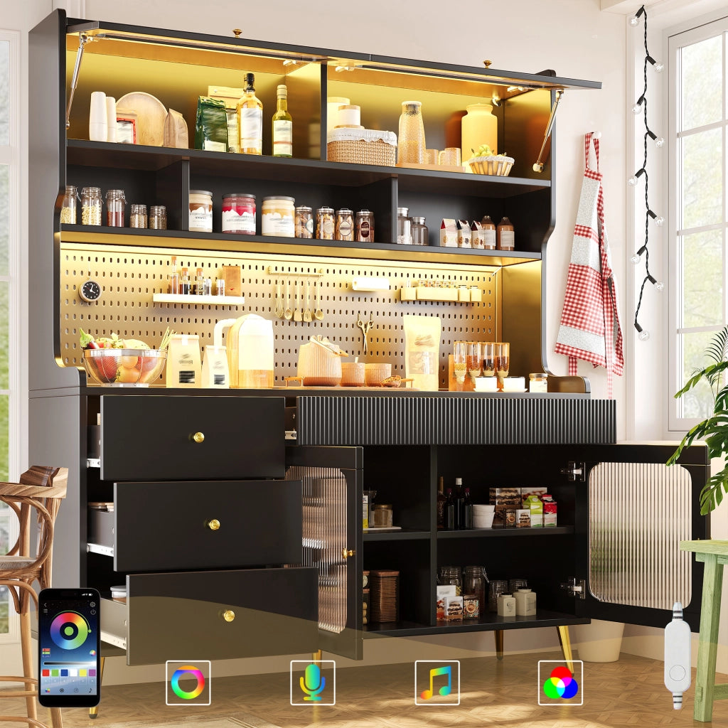 Credenza e madia alta con LED controllati tramite app e telecomando 1 cassetto in MDF e vetro nero 145 × 39 × 171 cm