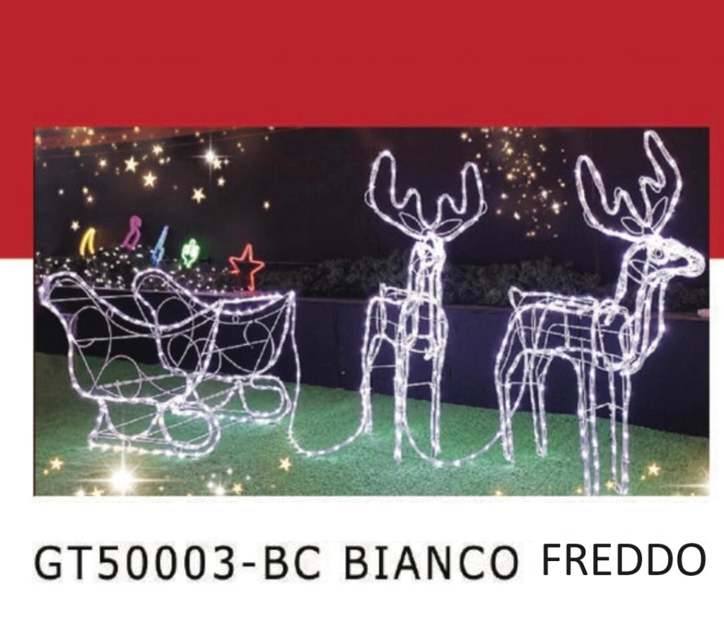 Renne con slitta a led bianco freddo misura 80x20x95 h cm struttura in ferro tubo led 32 metri