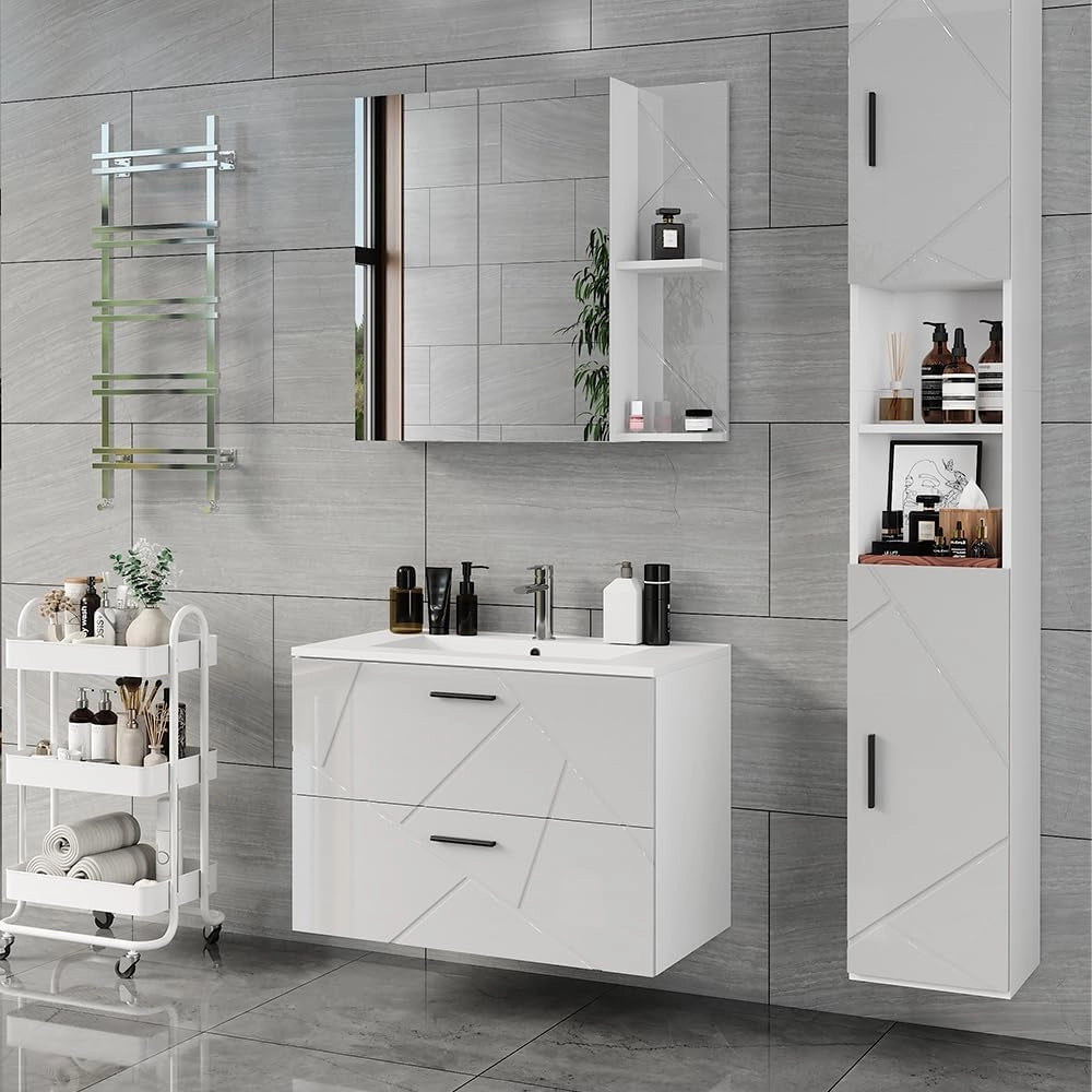 Set di mobili da bagno Irma, Bianco/bianco lucido, 80 cm, composto da mobile sottolavabo con lavabo, armadio alto e specchio da bagno