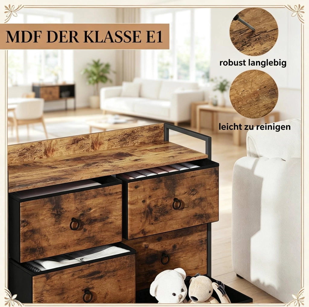 Cassettiera con 6 cassetti in tessuto; 80 x 29 x 78 cm; marrone rustico e nero