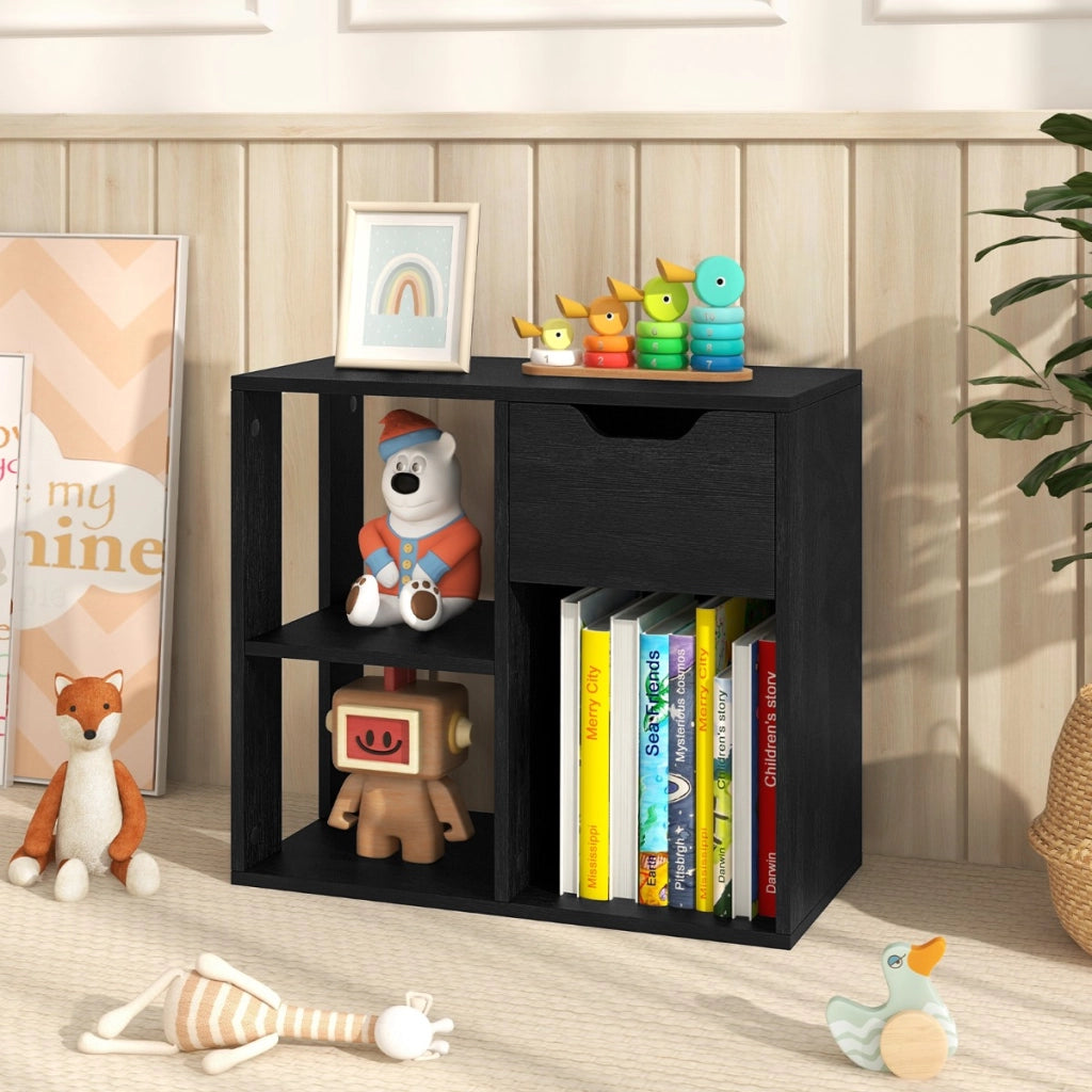 Scaffale di stoccaggio espositivo in legno a 2 livelli per soggiorno, Libreria a 3 cubi con cassetto estraibile Nero