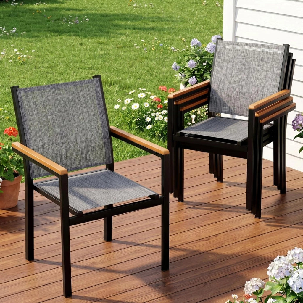 Textilene - Set di 4 sedie da giardino in alluminio, impilabili, per sala da pranzo, balcone, terrazza, piscina, ristoranti, resistente alle intemperie, 4 pezzi, colore grigio lino