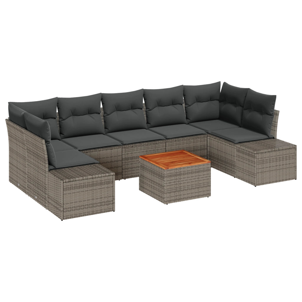 Set Divano da Giardino 8 Pezzi con Cuscini Grigio Polyrattan Acacia