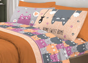 Completo Lenzuola Letto Pensieri Delicati 100% Cotone Disegno Happy Cat - Singolo - Arancio