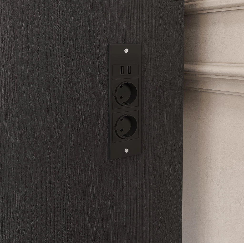 Toeletta nera in MDF con specchio LED, presa e sgabello