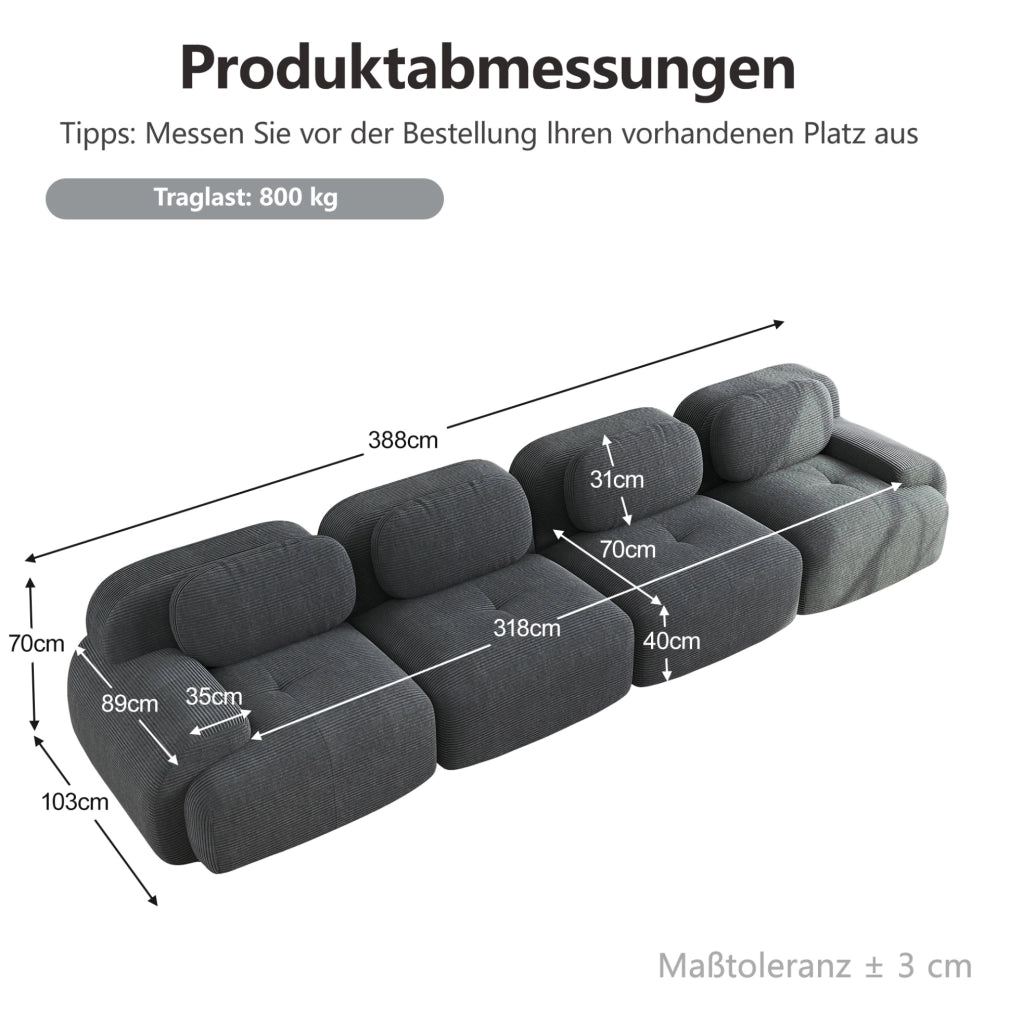 Divano angolare modulare 4 posti 388x103x70 cm in tessuto di velluto a coste grigio