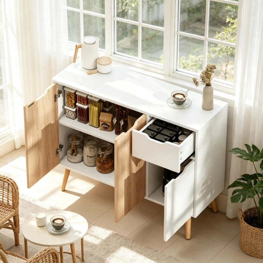 Credenza di design scandinavo, credenza con cassetti e ante, mobile da ingresso, cassettiera