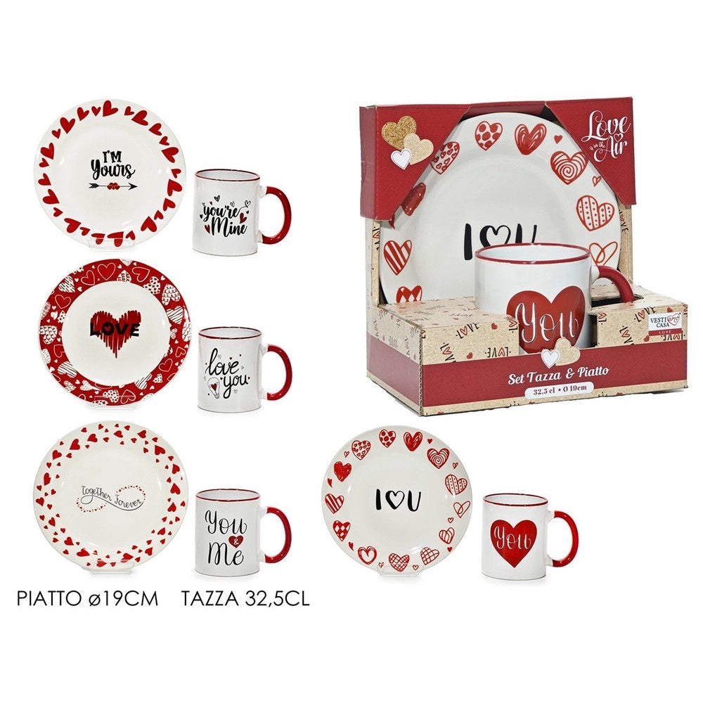 Trade Shop - Set 2 Pz Tazza Da 32,5cl Con Piatto ø19cm Con Decoro Cuori Scritte A Tema San Valentino -