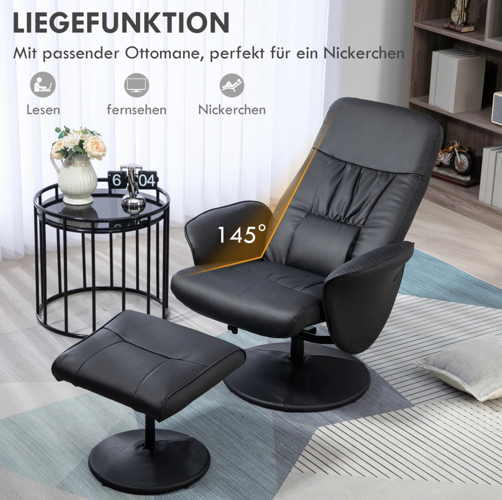 Poltrona relax girevole con pouf in ecopelle nera