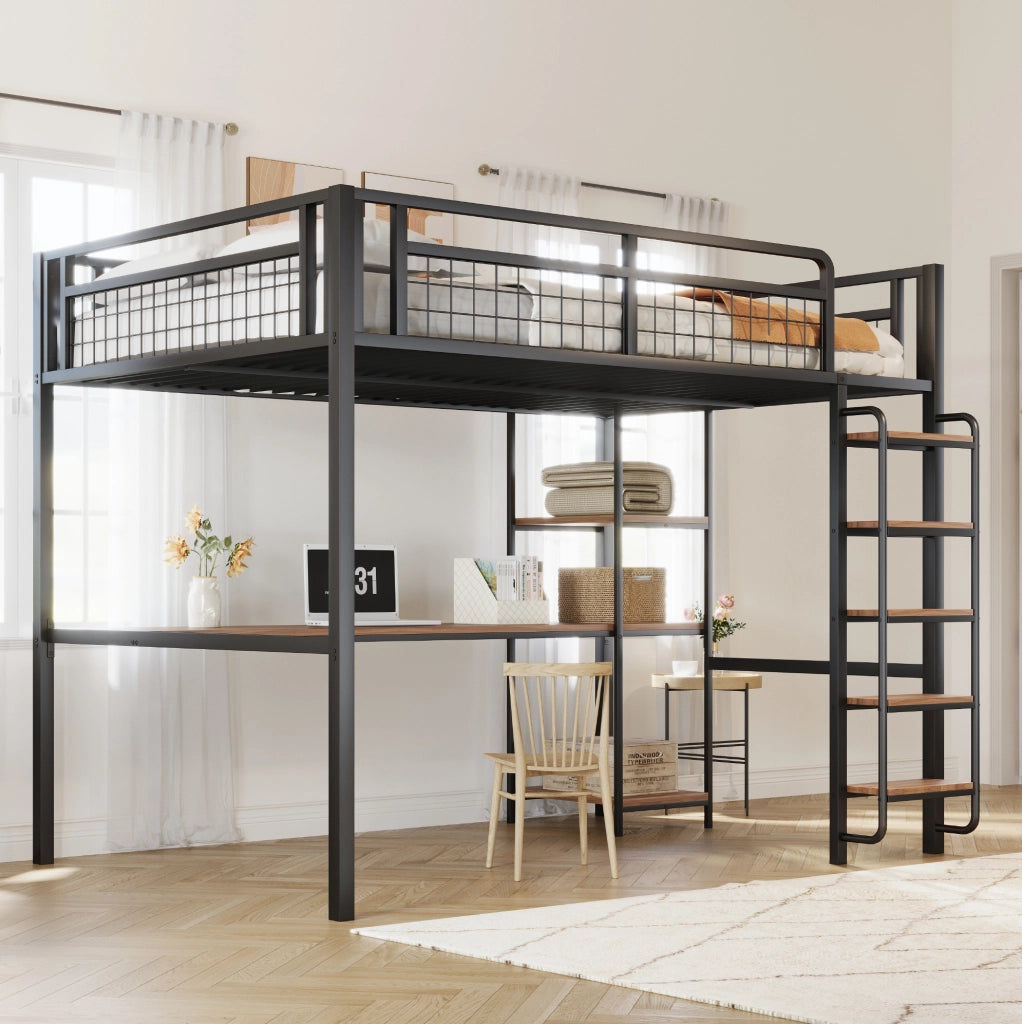 Letto a soppalco in metallo 140x200 cm con scrivania e ripiani, nero
