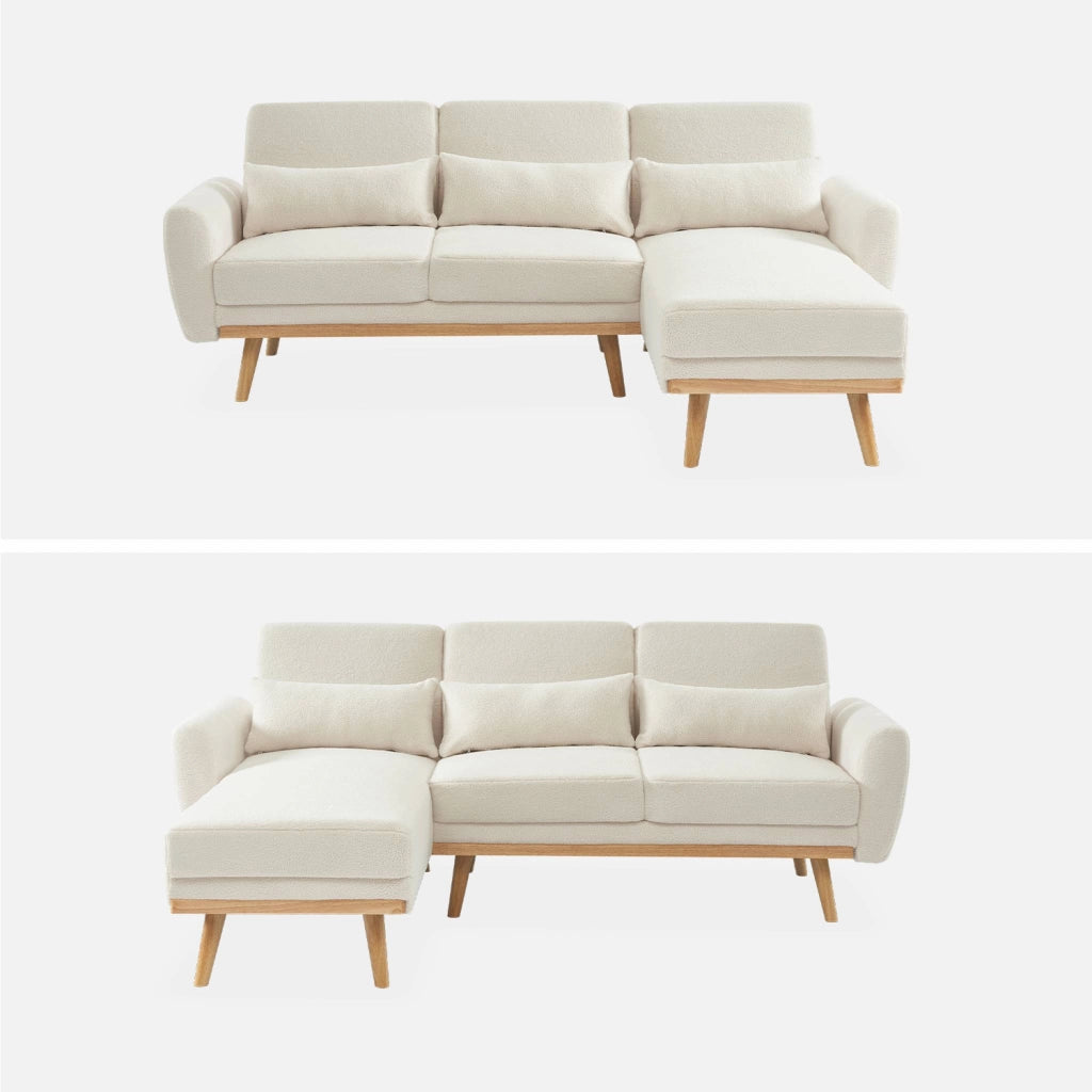 Divano letto angolare reversibile in tessuto bouclé, 3 posti, crema