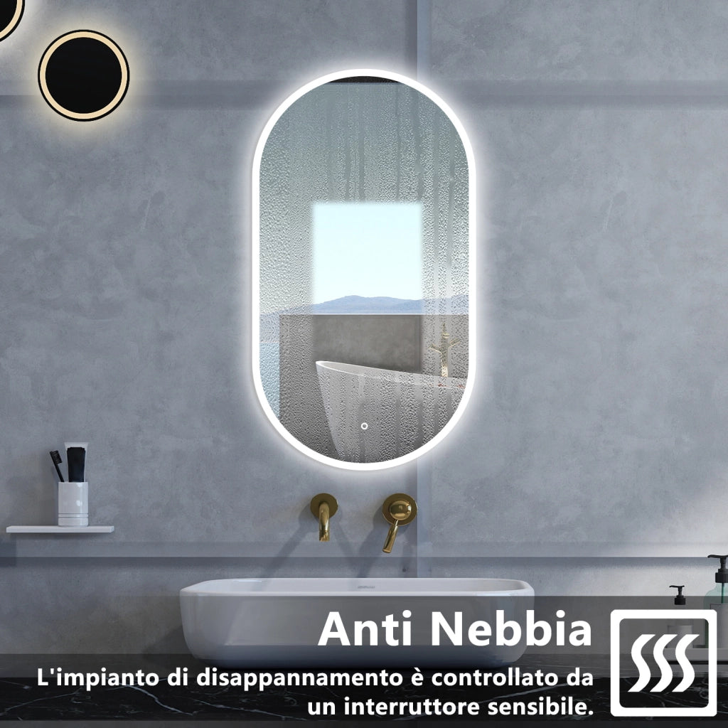 Specchio da bagno Ovale con 50x90cm,Memoria, Antifog,Regorabile,Retroilluminato,doppio interruttore,