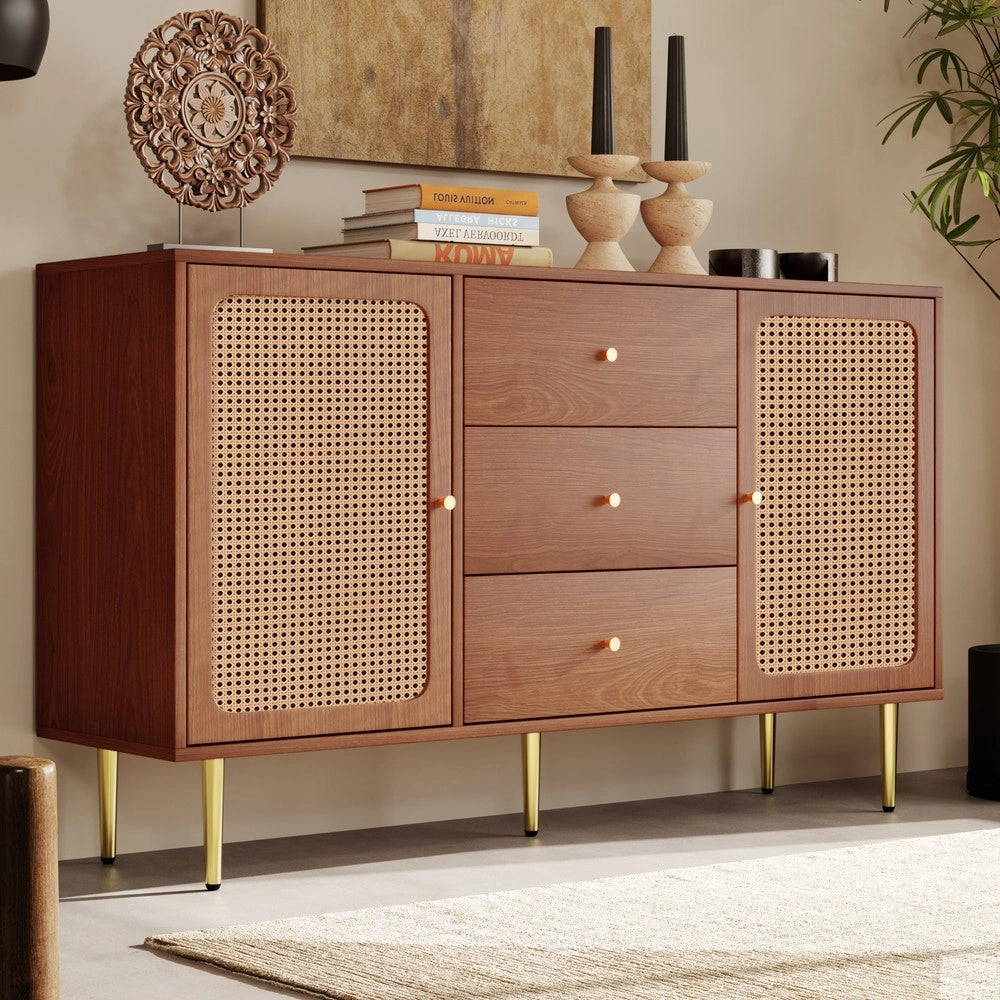 Cassettiera con 2 Ante e 3 Cassetti in Rattan ¨C MINIMAL ¨C Noce 150x40x90 cm