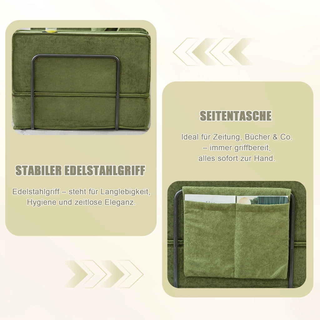 Pouf modulare con cuscini e tasche laterali per lettura e relax in ciniglia verde per salotto 162 × 78 × 66 cm