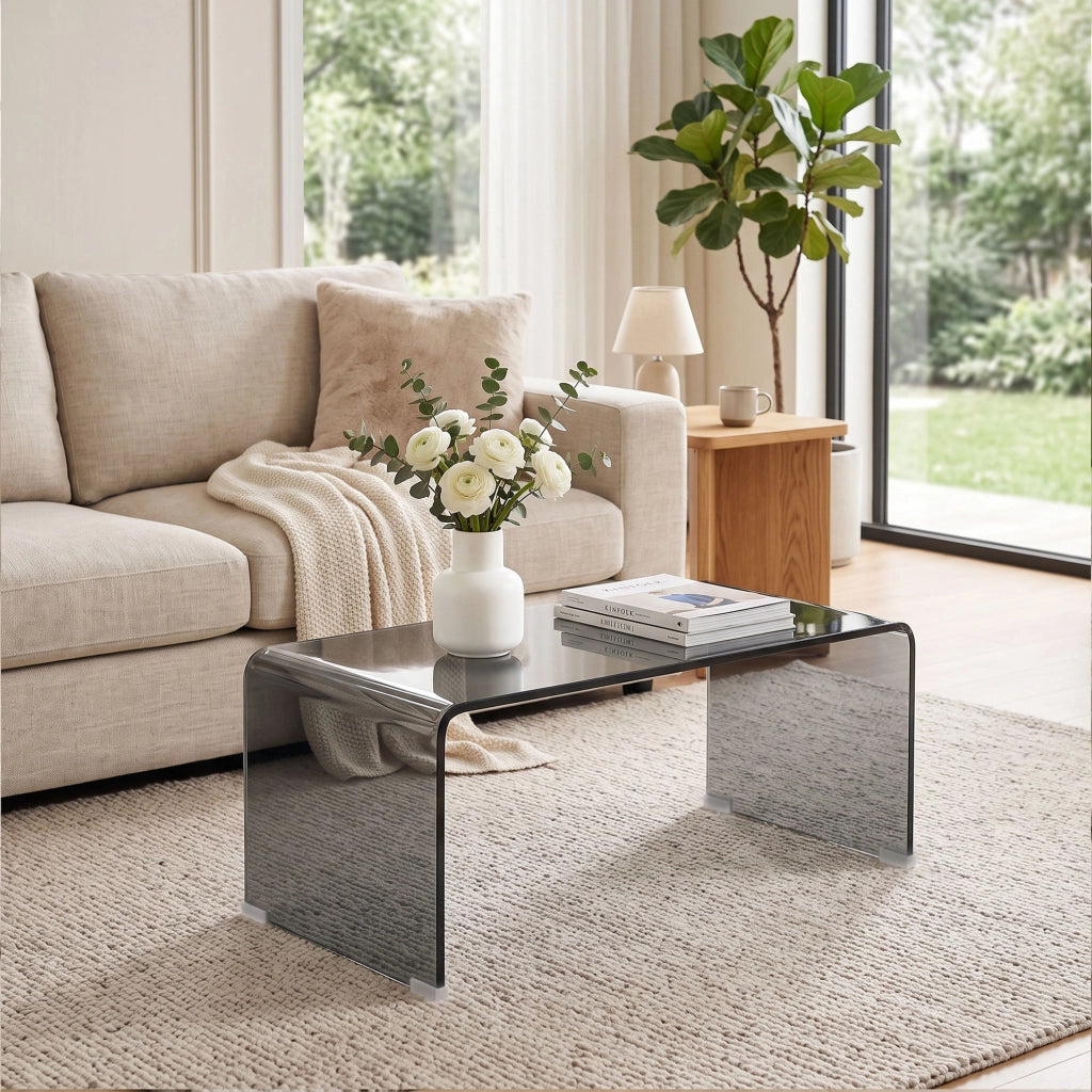 Table Basse en Verre, Table de Salon Rectangulaire Design Moderne avec Bords Arrondis Sûrs, Gris Clair Transparent