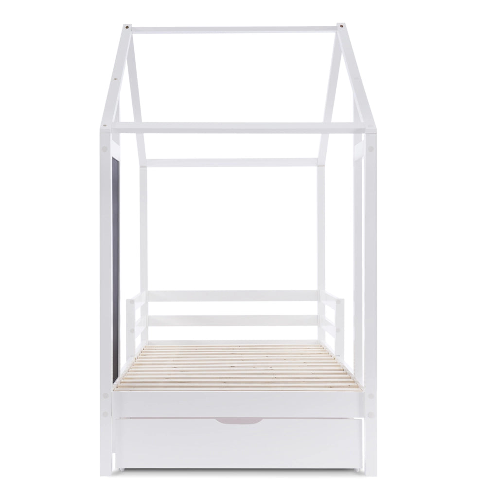 Letto a casetta 90x200 cm con lavagna e 2 cassetti; bianco