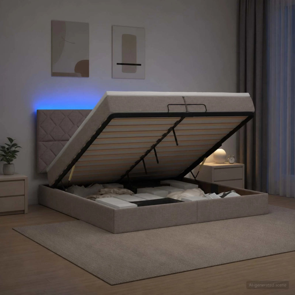 Letto Ottomano con Materasso e LED Tortora 200 x 200 cm Tessuto 3458184