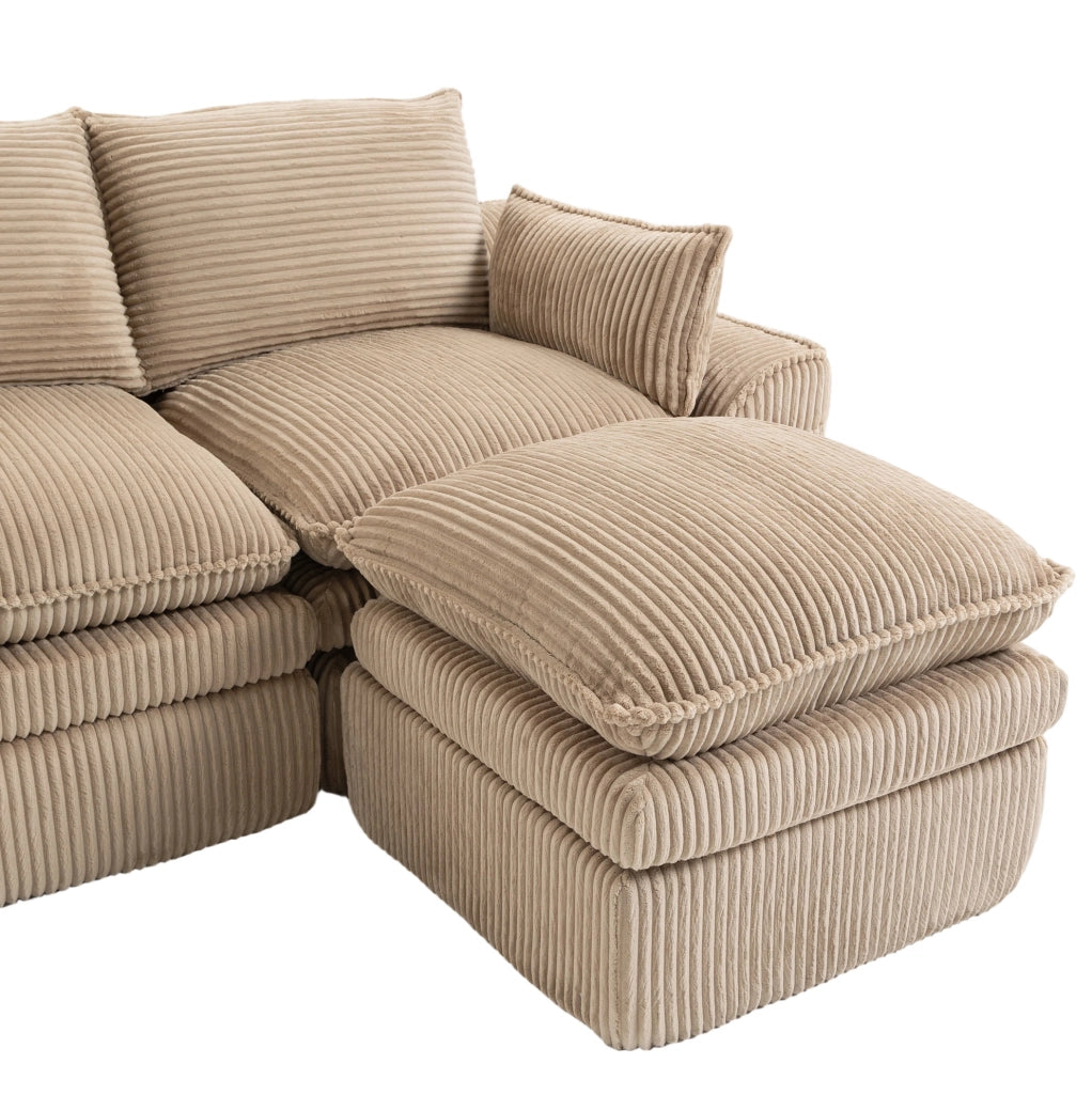 Divano modulare 4 posti in corduroy khaki con tasche laterali e cuscini; 335 x 167 x 85 cm