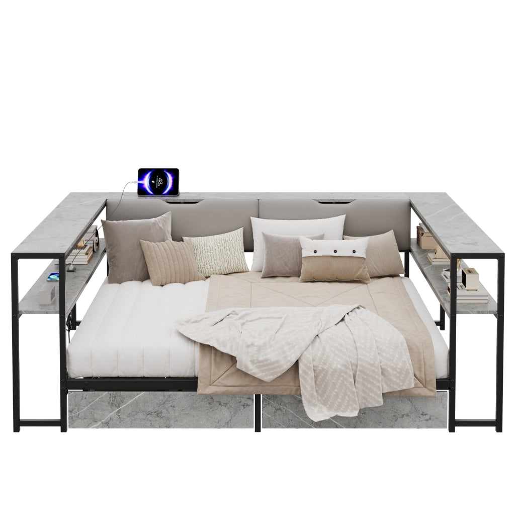 Letto imbottito 140x200 con USB e Type-C; 2 cassetti; rete a doghe; grigio