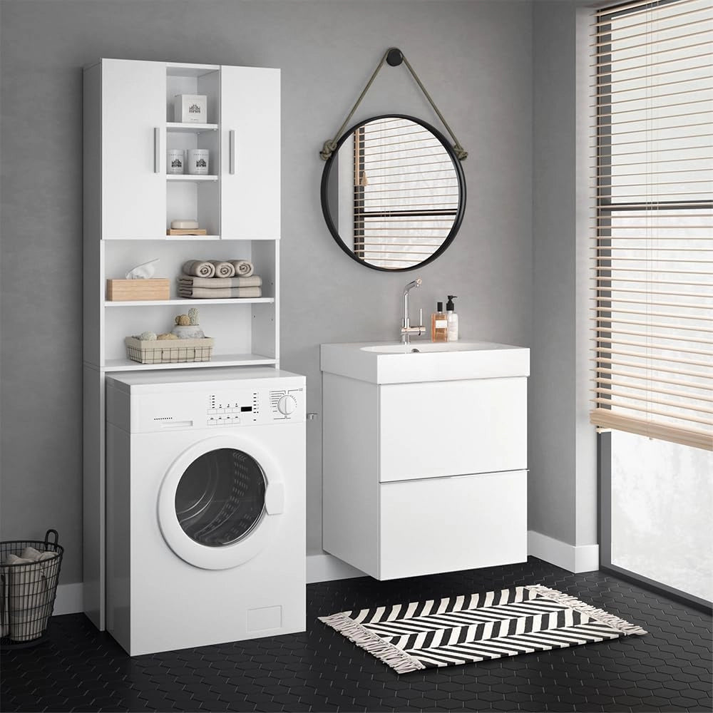 Mobile per lavatrice Luis, Bianco, 64 x 190 cm, per la conservazione di detersivi e accessori da bagno