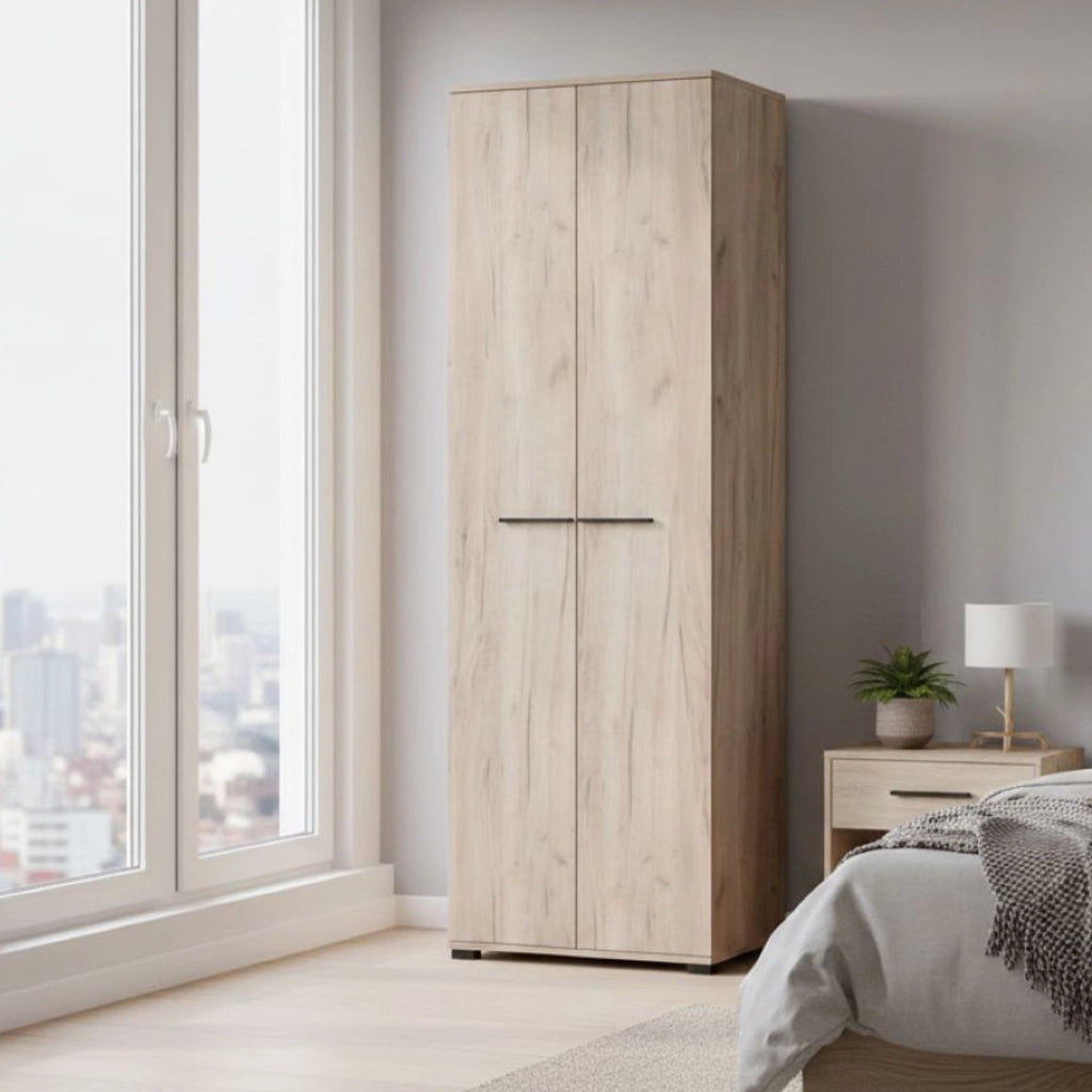 Armadio Camera da Letto Pinasca, Guardaroba 2 Ante un Ripiano, 67.5x195h cm Marrone Rovere Nodi