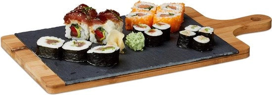Piatto di servizio in bambù, con piatto in pietra, con manico, Dimensioni: 1,8 x 45 x 22,5 cm, per formaggi, tapas, sushi, piastra di taglio