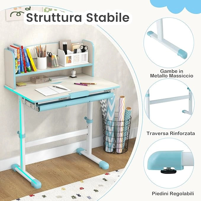 Scrivania per Bambini, Banco Scuola per 3-12 Anni Regolabile in Altezza da 50cm a 73cm con Piano Inclinabile 60°, Scrittoio Cameretta Multifunzionale con Libreria e Cassetto (Blu)