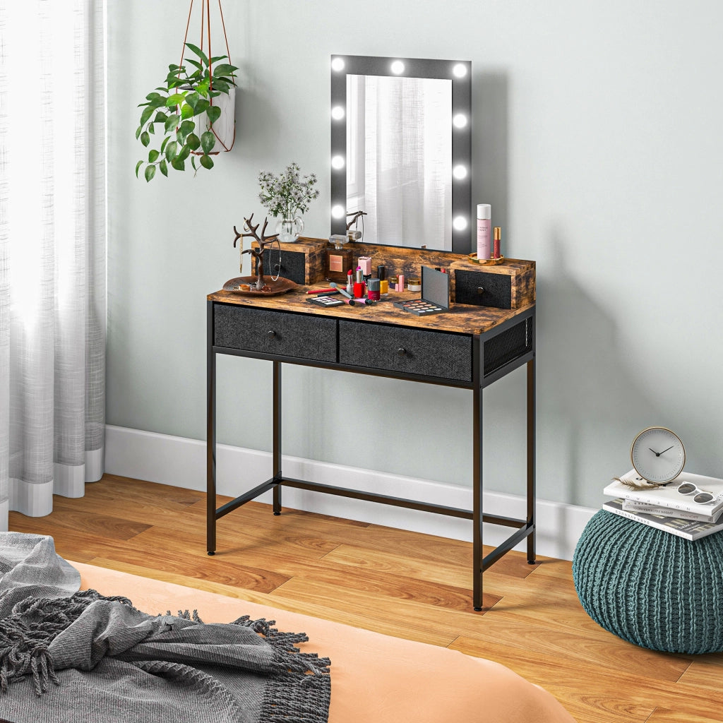 Toeletta con specchio LED regolabile ¨C Xylo ¨C 4 cassetti in tessuto, metallo nero, legno scuro