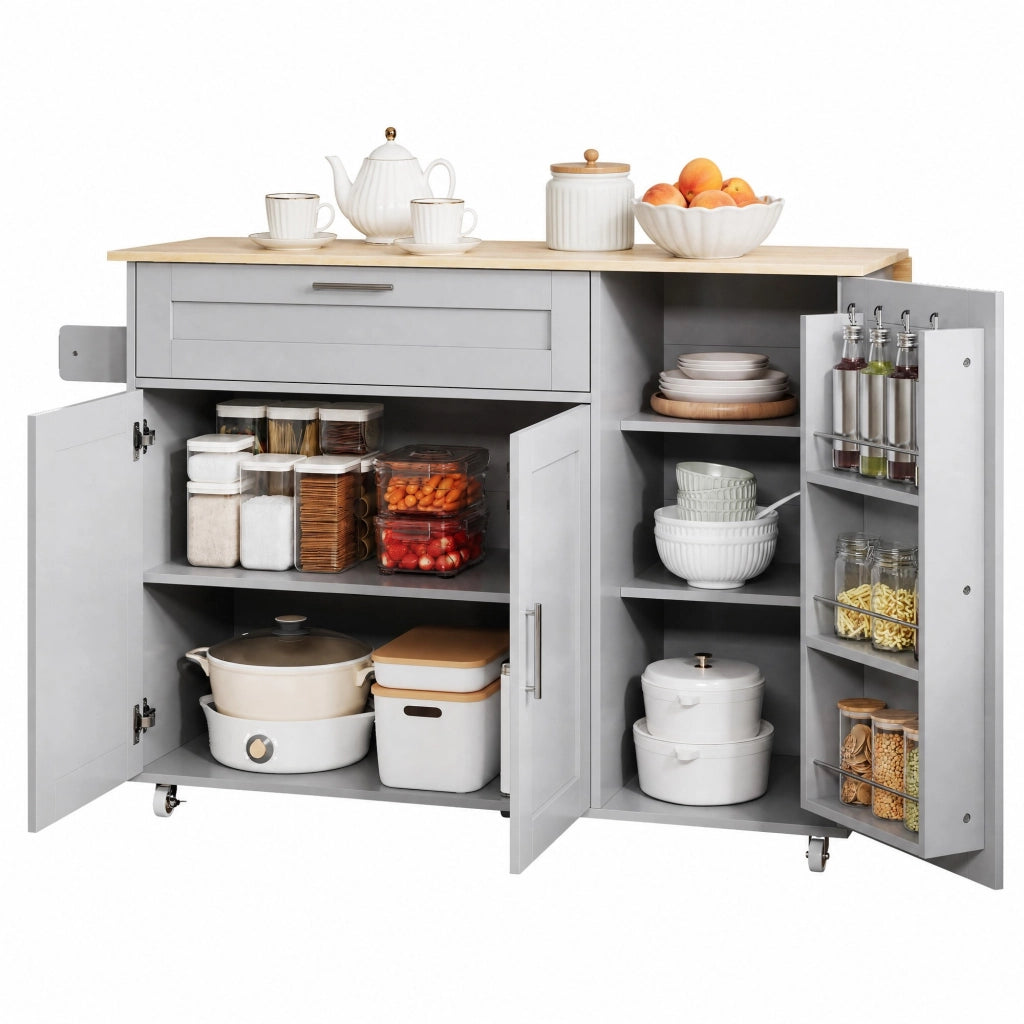 Carrello cucina mobile con piano ribaltabile, 132,5 x 44(70) x 90 cm, grigio, con ampia capacità contenitiva e 5 ruote