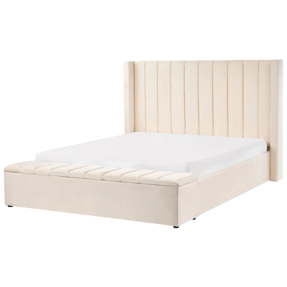 Letto matrimoniale ad acqua in velluto bianco sporco con pratica cassapanca 160 x 200 cm moderno glam morbido materasso camera da letto