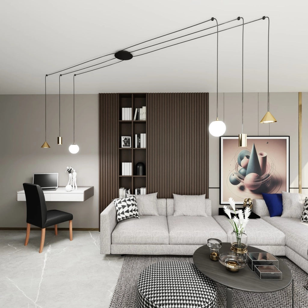 Lampada a sospensione FUJI con finitura oro e dettagli neri