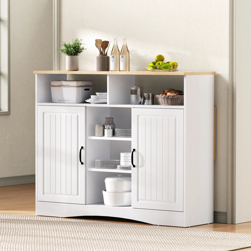 Isola da cucina con piano ribaltabile; ripiani regolabili; vani a giorno e 2 sgabelli; in MDF; 110 x 34-68 x 97;5 cm; bianco