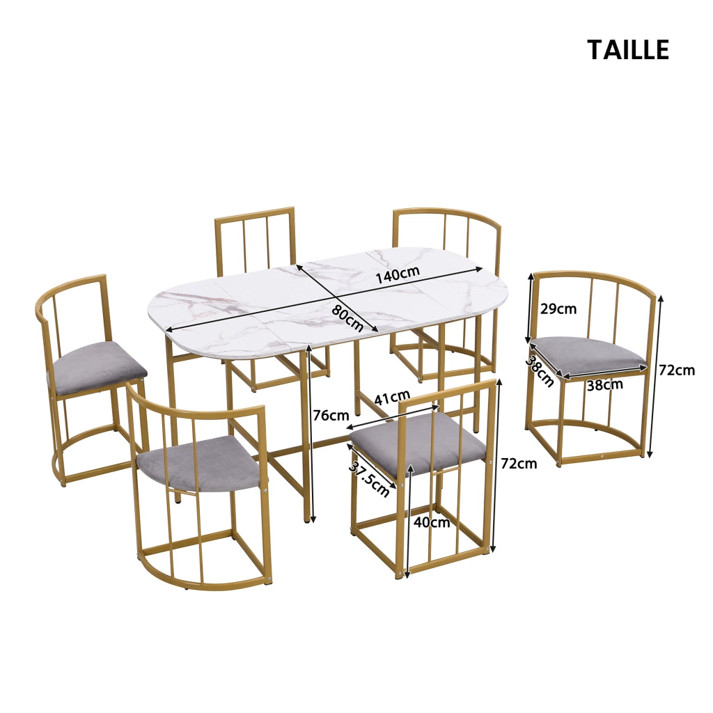 Tavolo da pranzo per 6 persone con sedie e schienale, cuscini grigi, struttura in ferro oro, in MDF, bianco