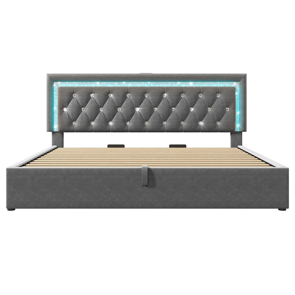Letto imbottito-Xylo-180x200cm LED diamante USB-C idraulico velluto grigio senza materasso