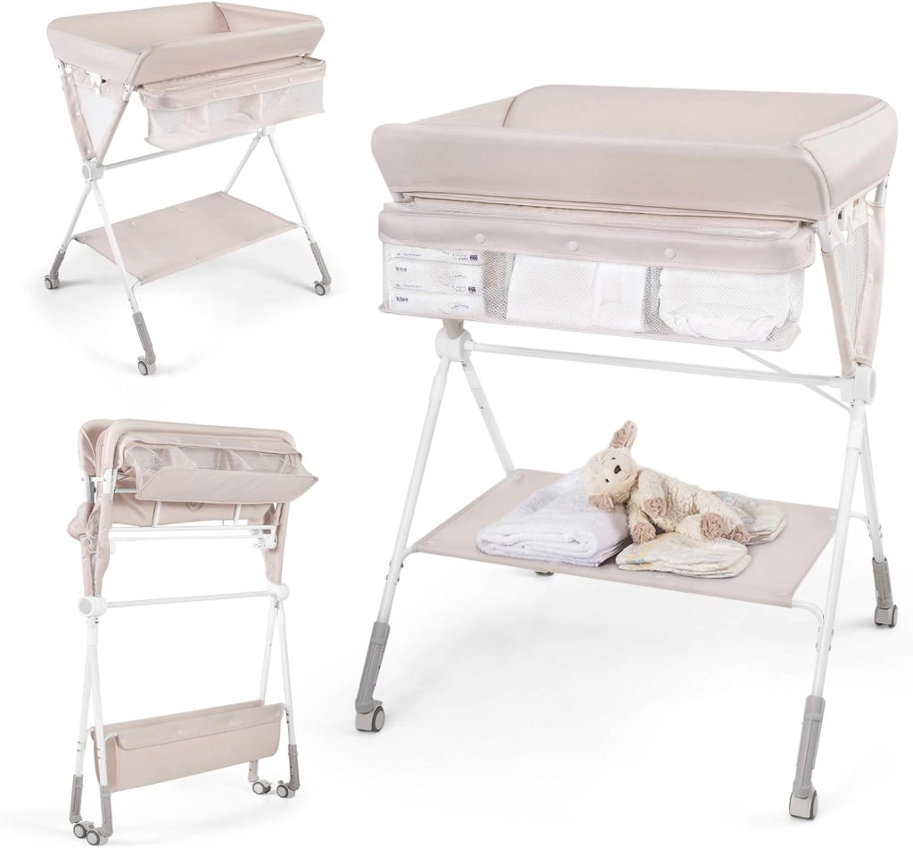 Fasciatoio Pieghevole per Bambini, Fasciatoio Portatile con Altezza Regolabile a 3 Livelli, Fasciatoio Neonato con Ruote di Bloccabili, Ripiano, Porta Asciugamani, per 0-12 Mesi (Beige)