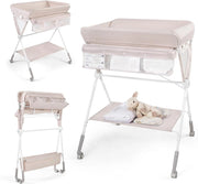 Fasciatoio Pieghevole per Bambini, Fasciatoio Portatile con Altezza Regolabile a 3 Livelli, Fasciatoio Neonato con Ruote di Bloccabili, Ripiano, Porta Asciugamani, per 0-12 Mesi (Beige)