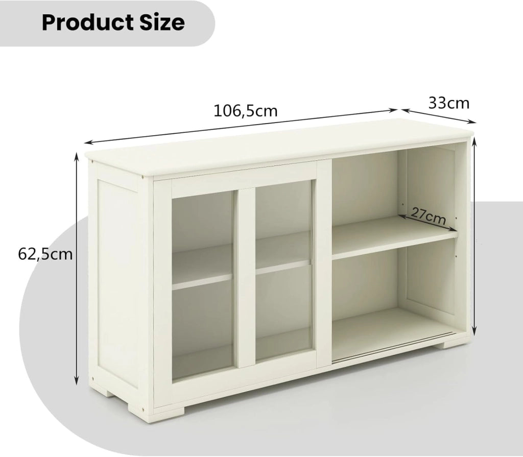 Armadietto da Cucina Mobile Laterale Multiuso con Ante Scorrevoli, in Legno e Vetro, 106,5 x 33 x 62,5 cm (Bianco Crema)
