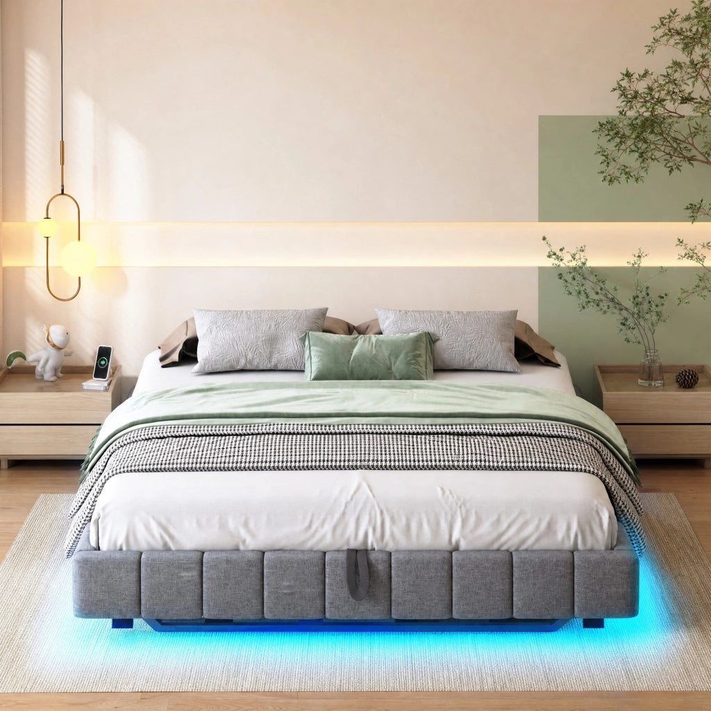Letto matrimoniale imbottito 160x200 cm con contenitore; luci LED; grigio
