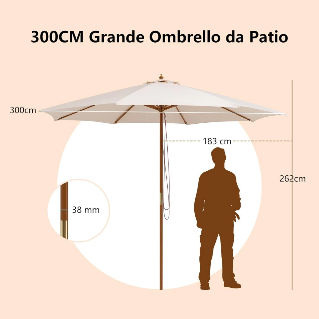 Ombrellone da Giardino 300 x 300 cm, Ombrellone Pieghevole con 8 Stecche di Bambù, 3 Altezze Regolabili, Ombrellone da Parasole Impermeabile, per Giardino Cortile Piscina (Beige)